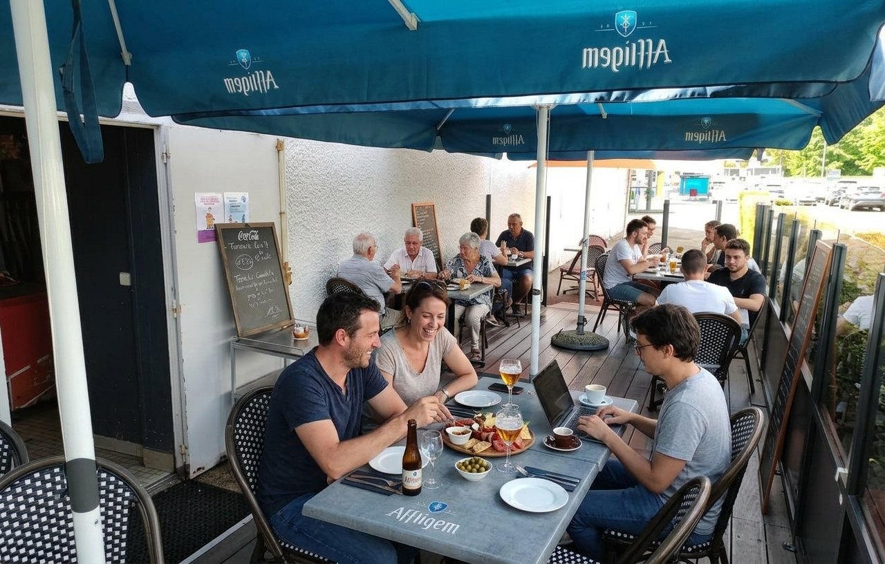 La terrasse du Dauphin en plein service : des convives attablés sous les parasols, planche à partager, bières et cafés dans la bonne humeur.